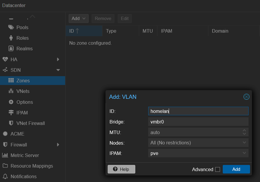 Create a VLAN zone in the Proxmox SDN