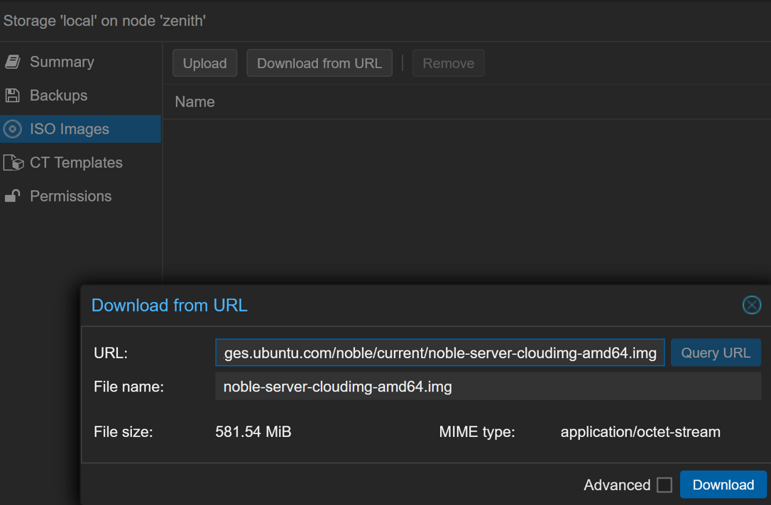 Download window for ISO images in Proxmox