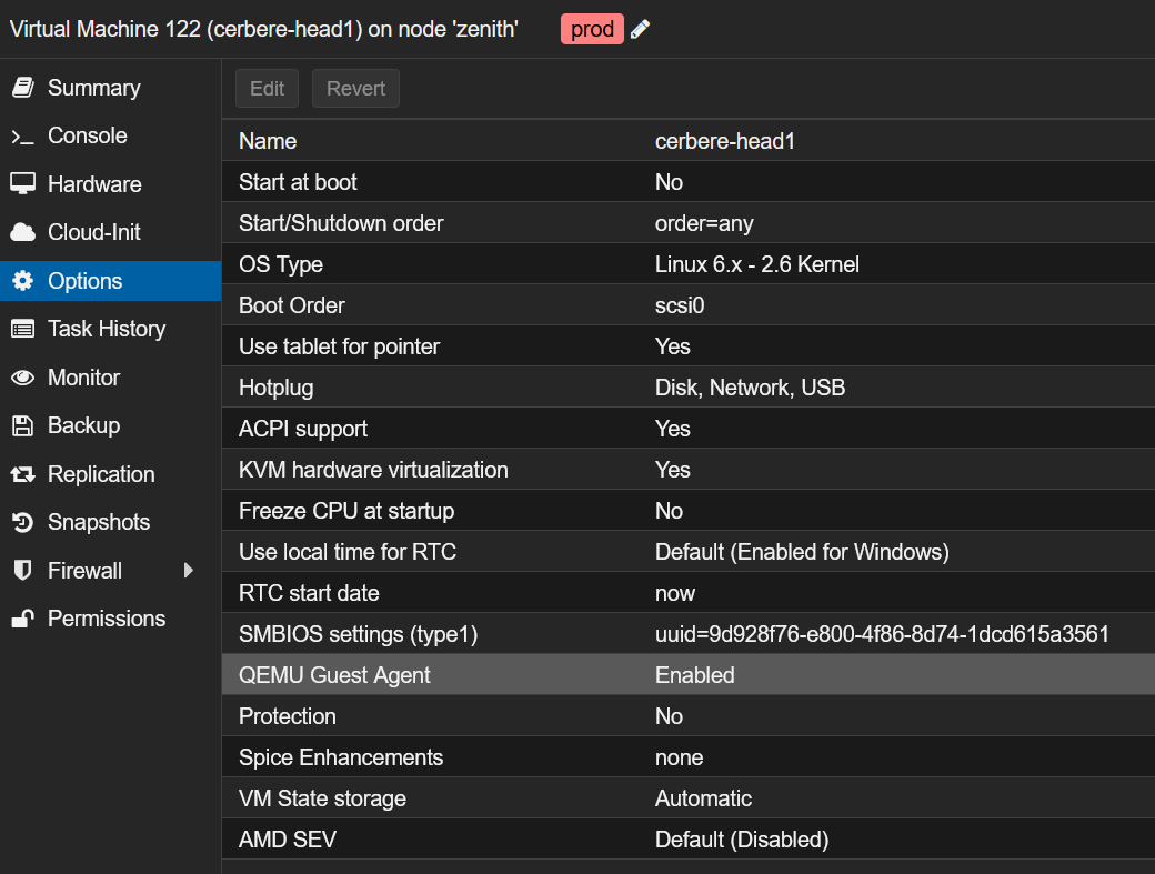 Options d’une VM Proxmox avec QEMU Guest Agent activé