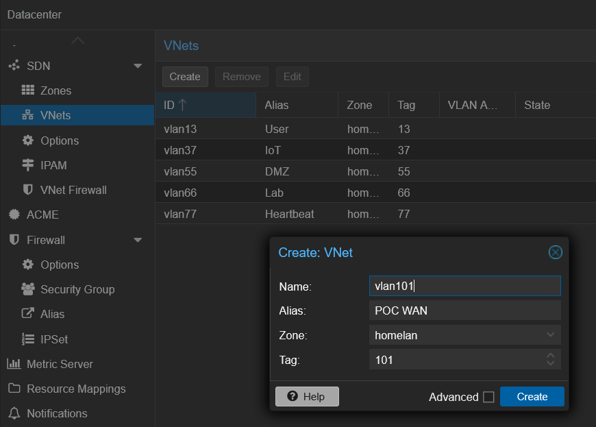 Create POC VLANs in the Proxmox SDN