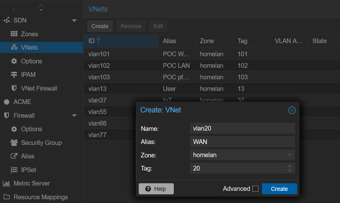 Creation of the VNet for the WAN in the Proxmox SDN