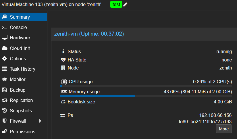 Résumé de la nouvelle VM crée sur Proxmox