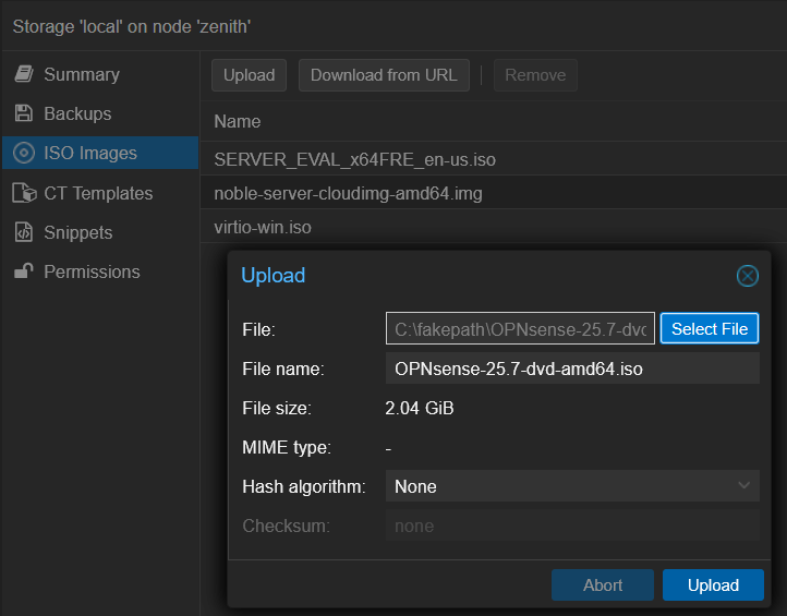 Upload de l’ISO OPNsense dans Proxmox