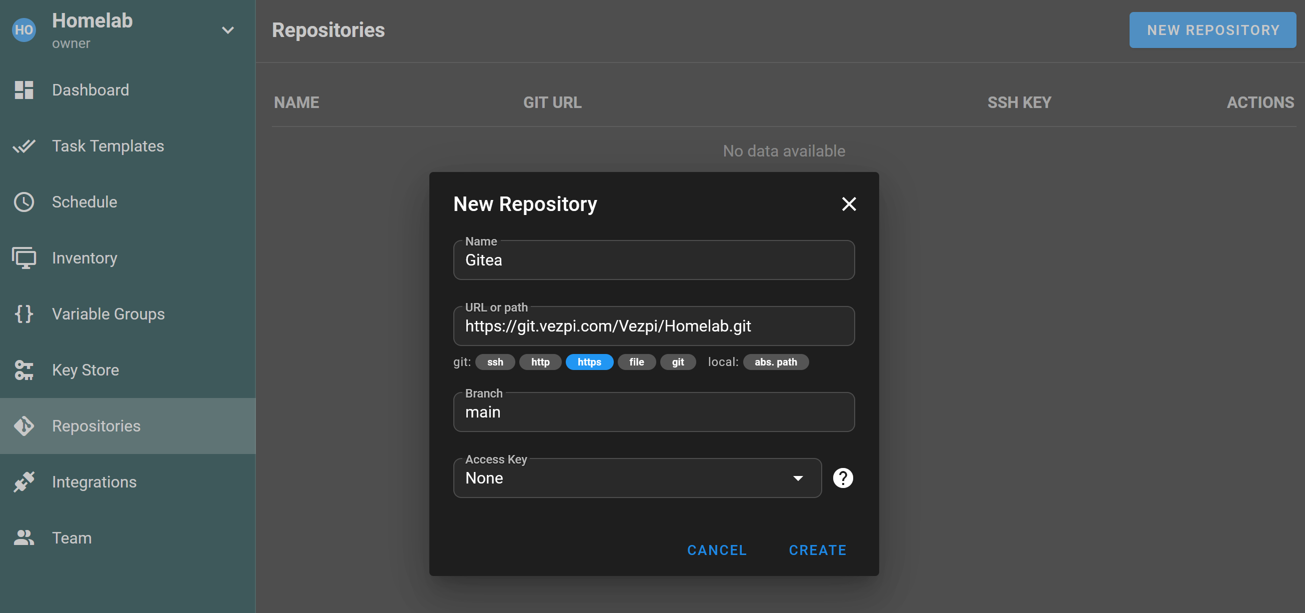 Page d’ajout de dépôt de Semaphore UI