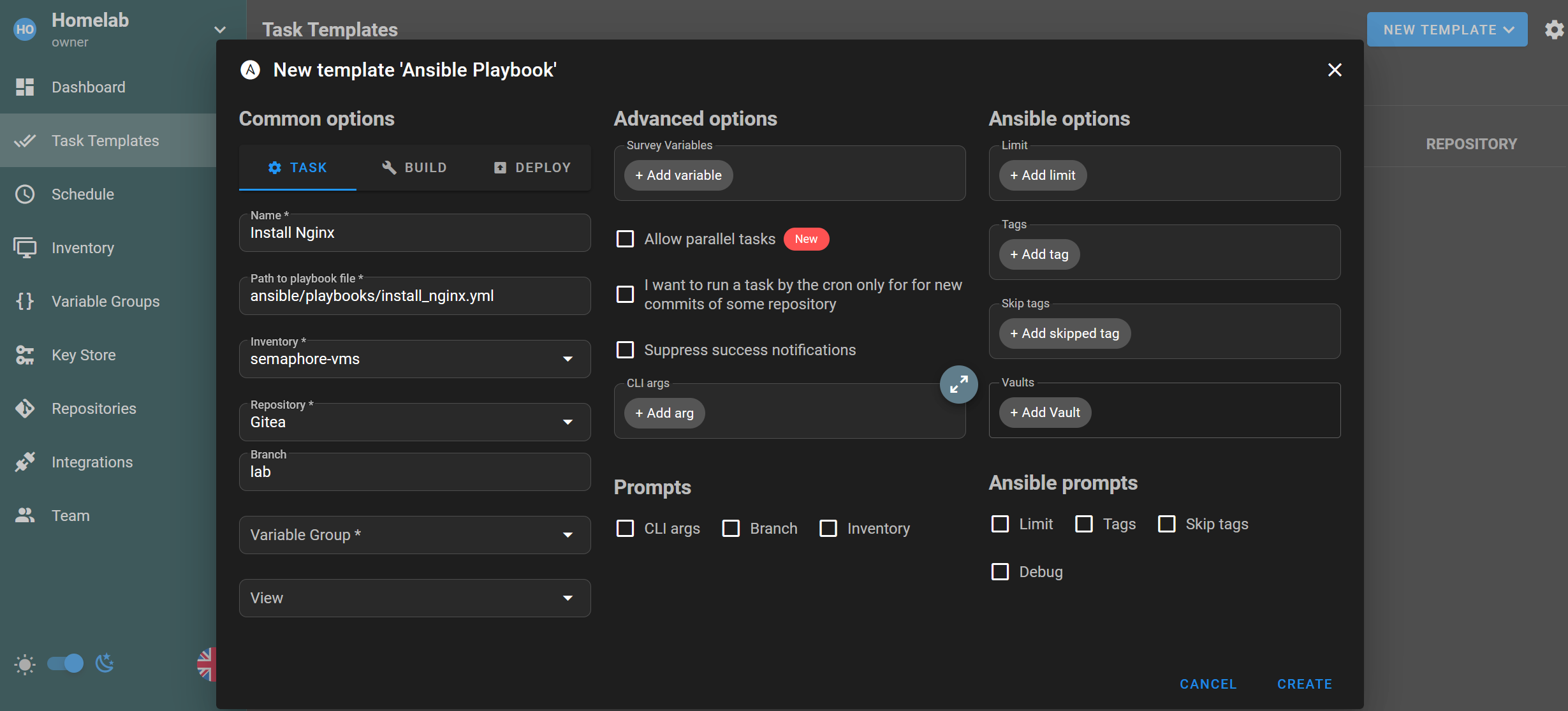 Nouveau template de tâche Ansible dans Semaphore UI
