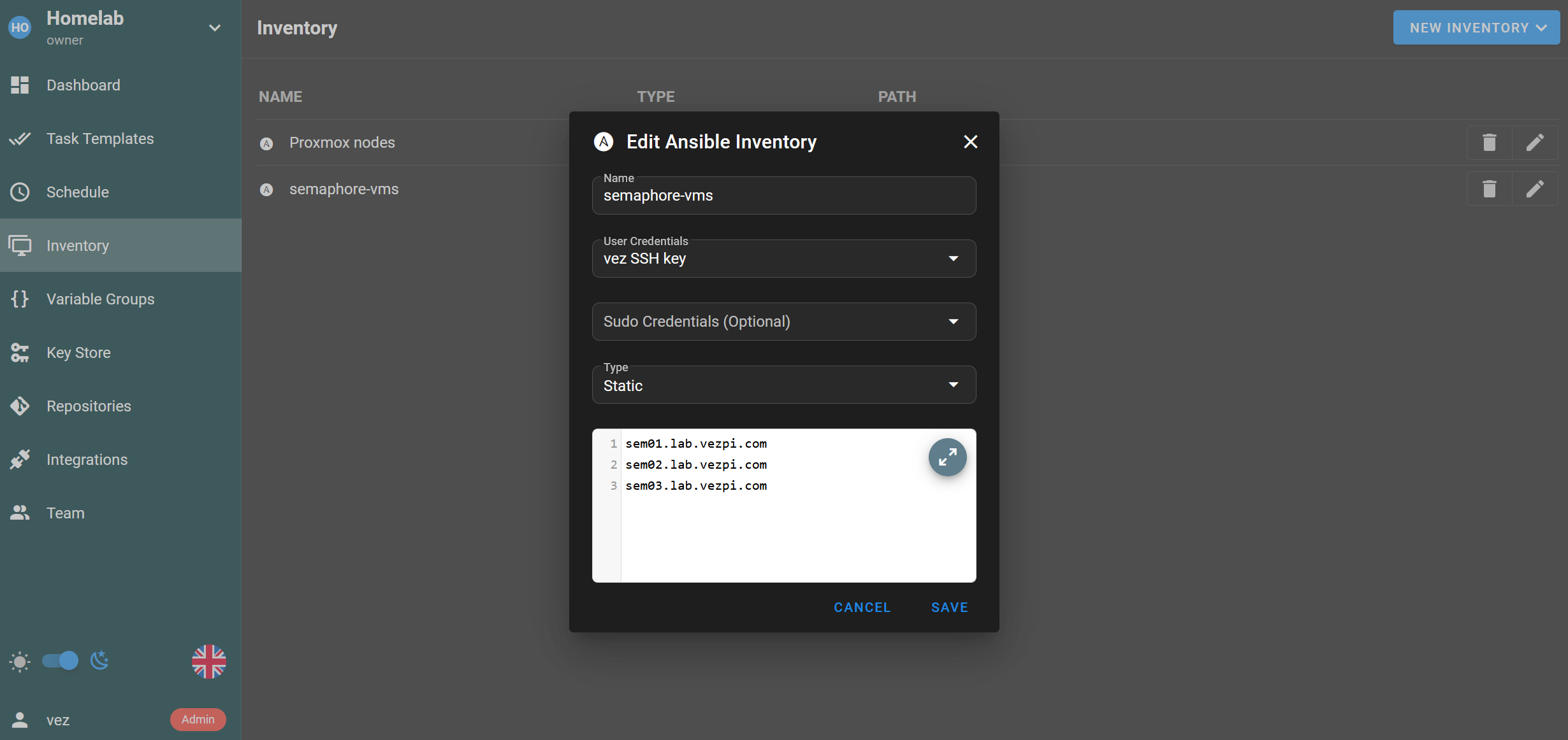 Page de création d’un inventaire statique de Semaphore UI