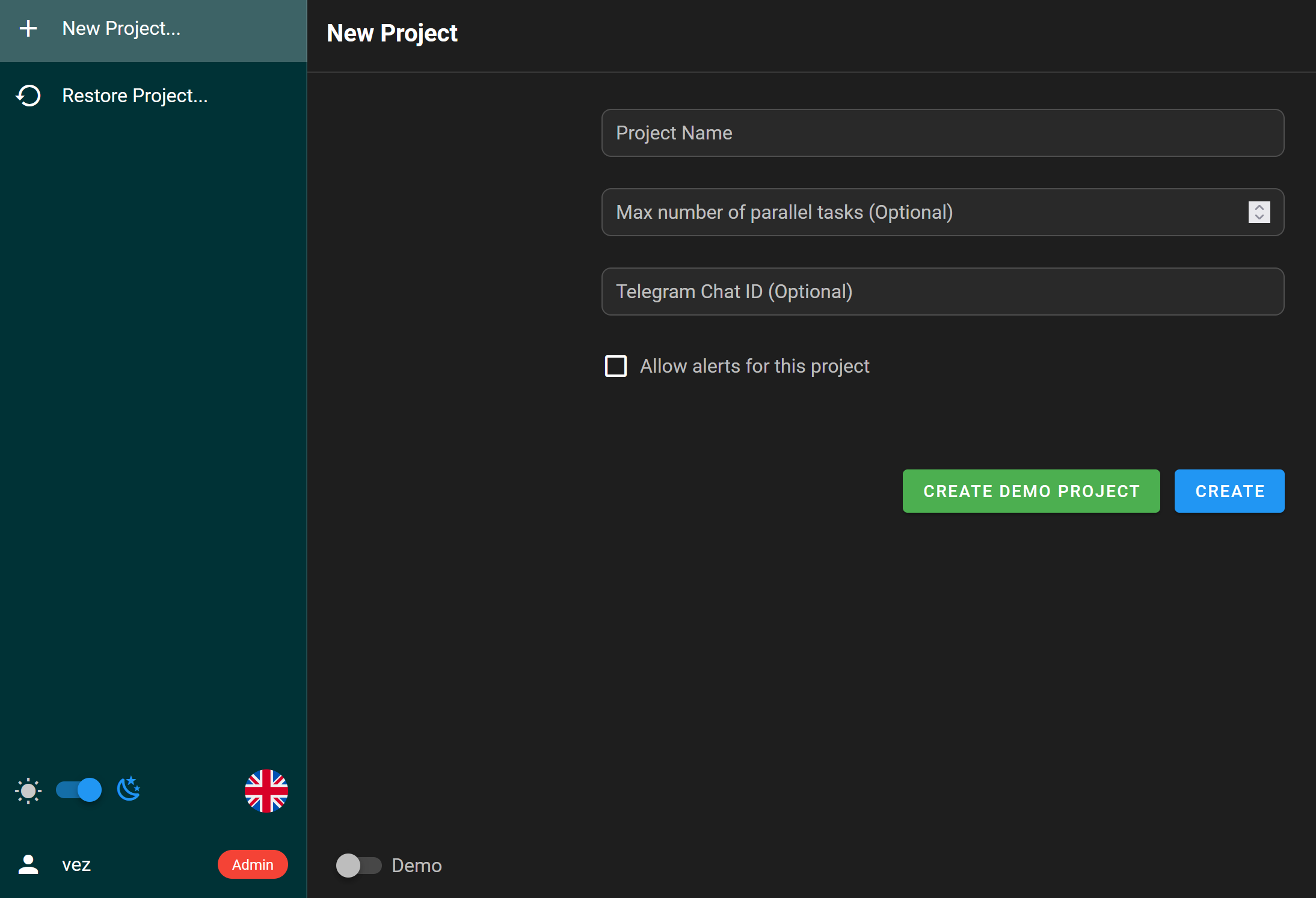 Page de création de projet de Semaphore UI