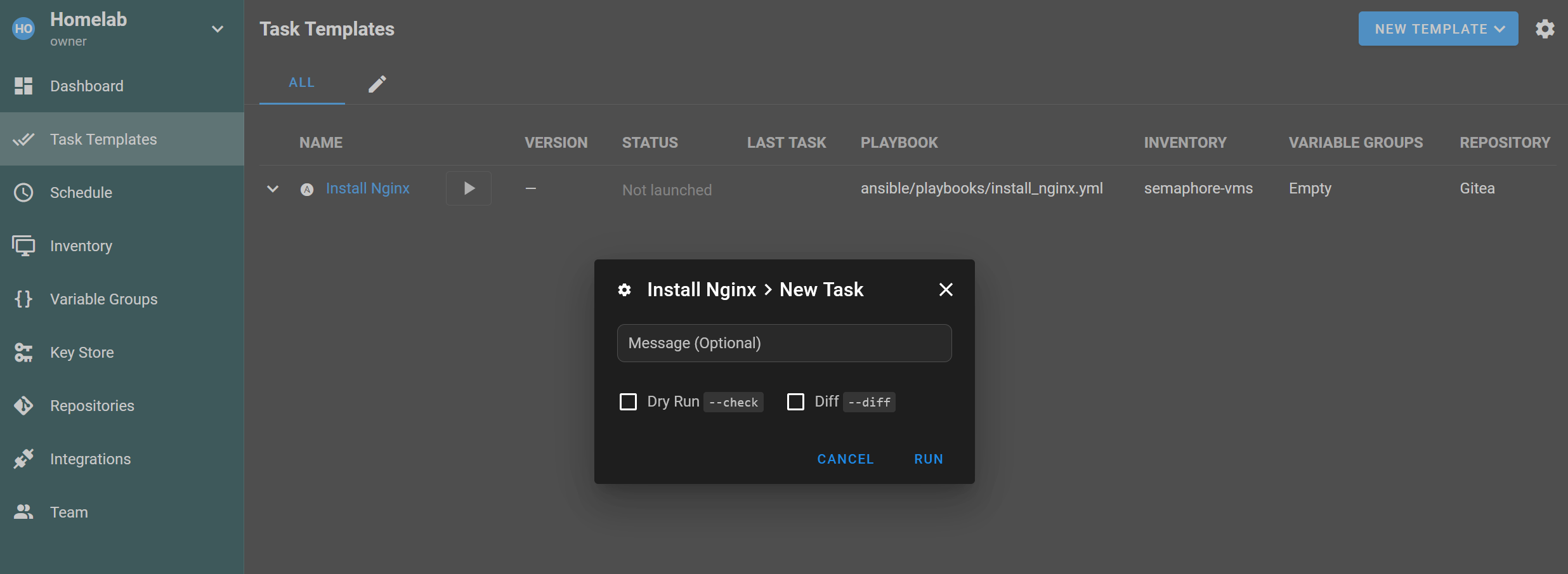 Lancement du template de tâche Ansible dans Semaphore UI