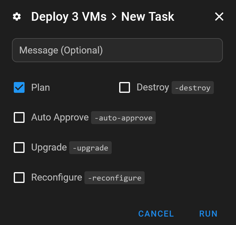 Options d’exécution Terraform dans Semaphore UI