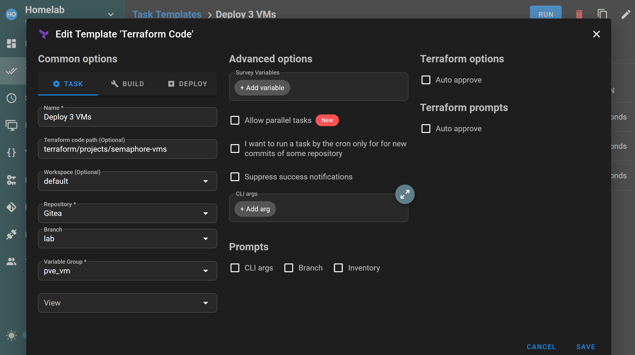 Nouveau template de tâche Terraform dans Semaphore UI