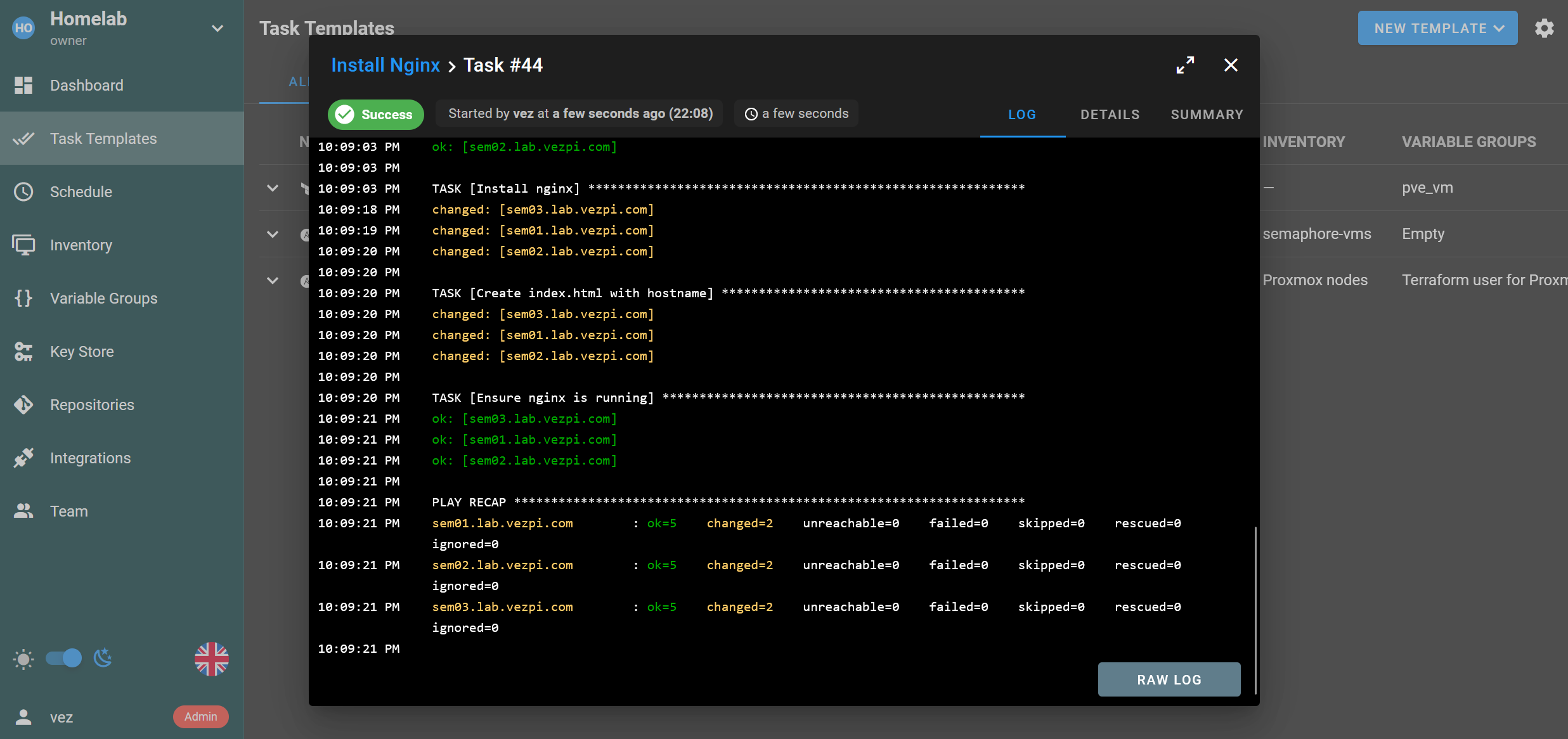 Semaphore UI Ansible task output