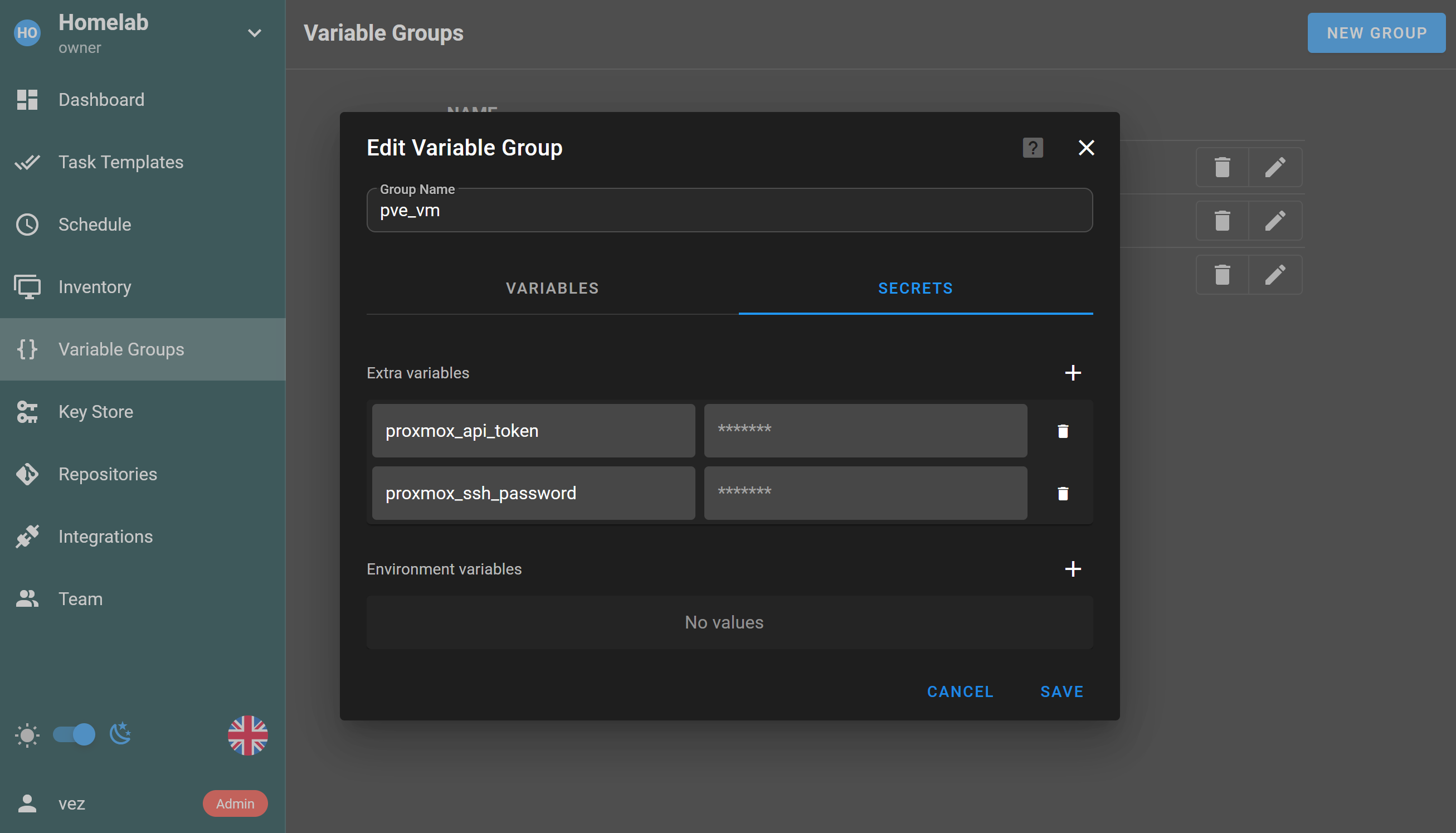 Nouveau groupe de variables dans Semaphore UI