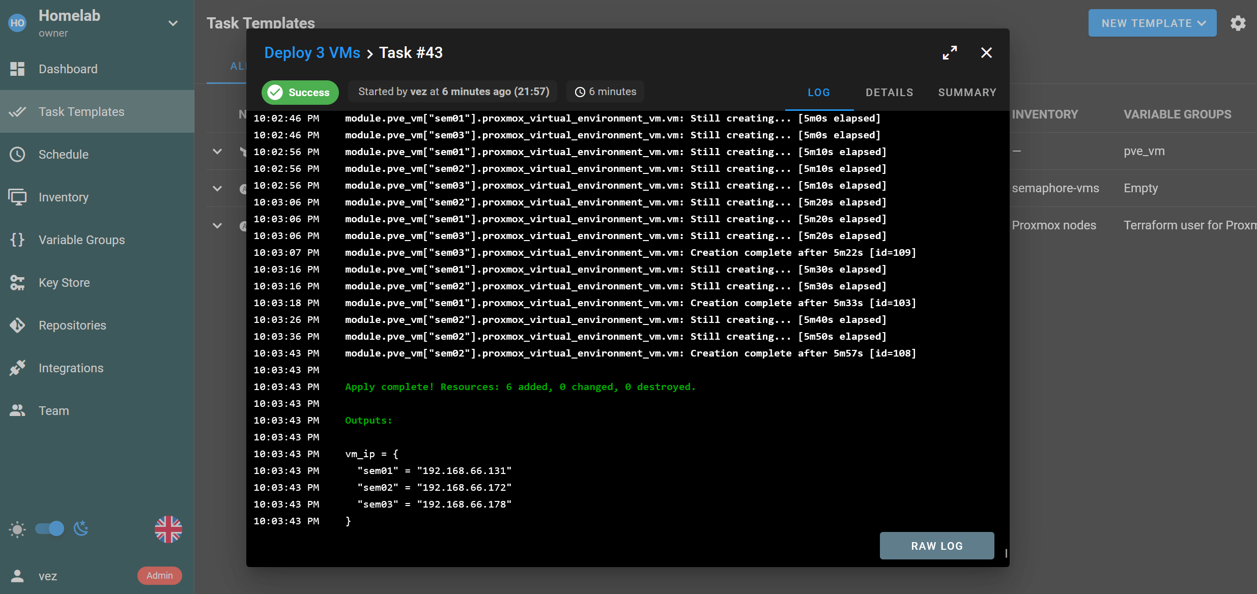 Déploiement Terraform terminé dans Semaphore UI