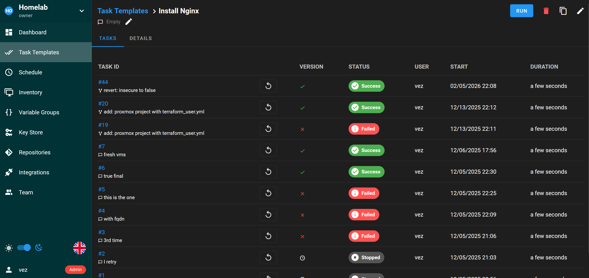 Liste des exécutions de tâches dans Semaphore UI