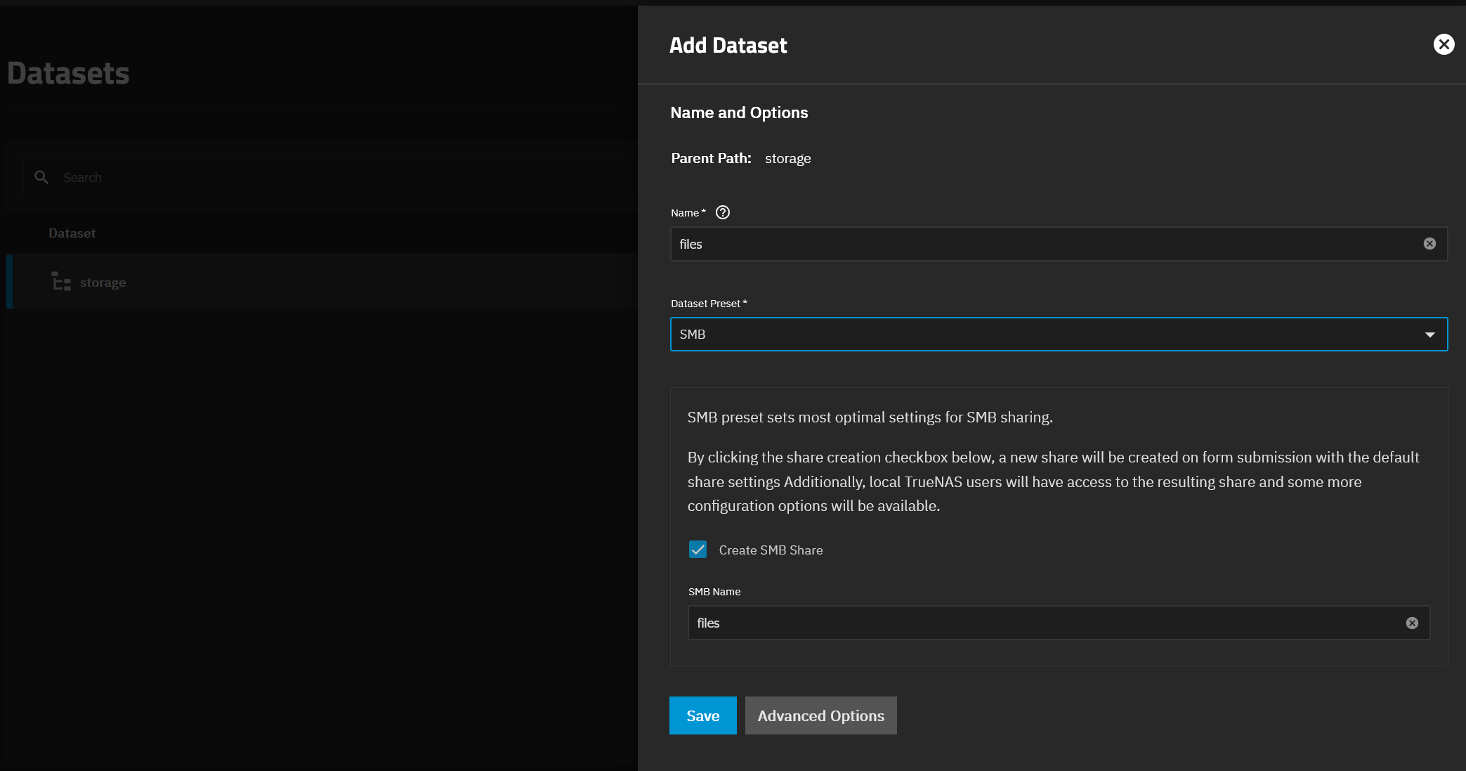 Create a dataset in TrueNAS