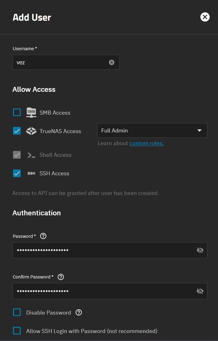 Création d’un utilisateur dans TrueNAS