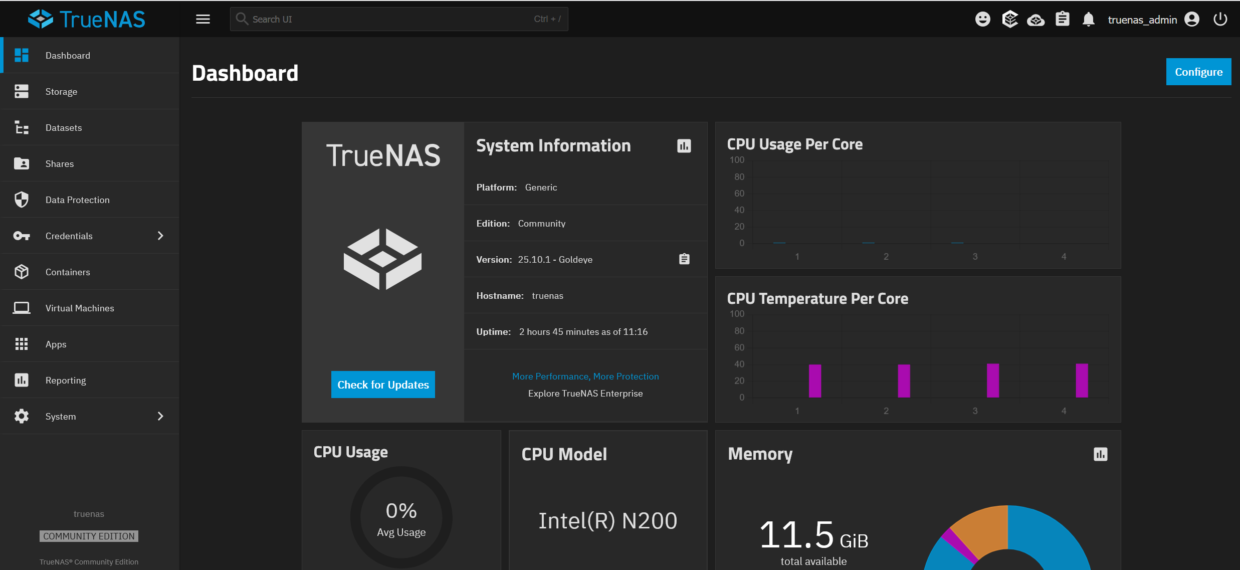 Tableau de bord de TrueNAS