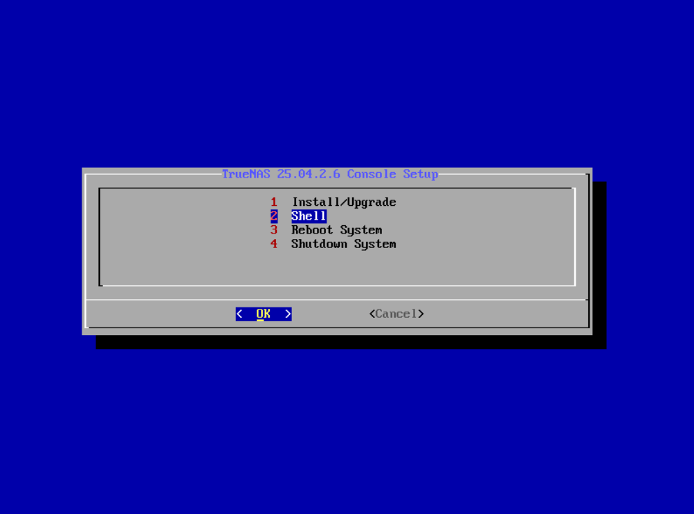 Enter the shell in TrueNAS installer