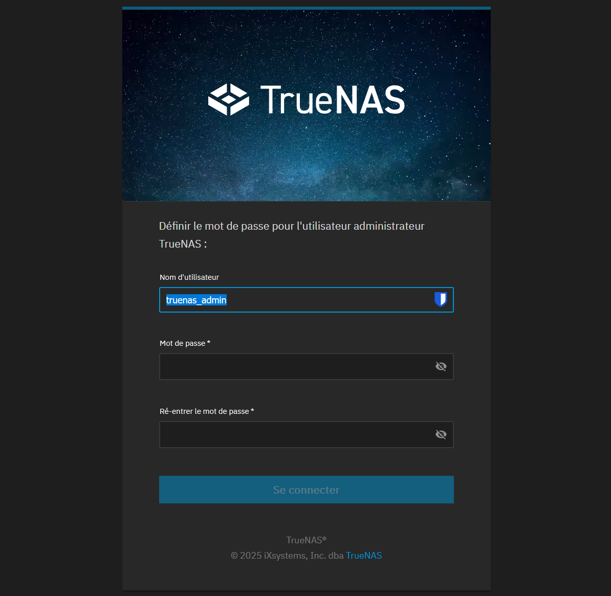 Page de connexion TrueNAS pour changer le mot de passe de truenas_admin