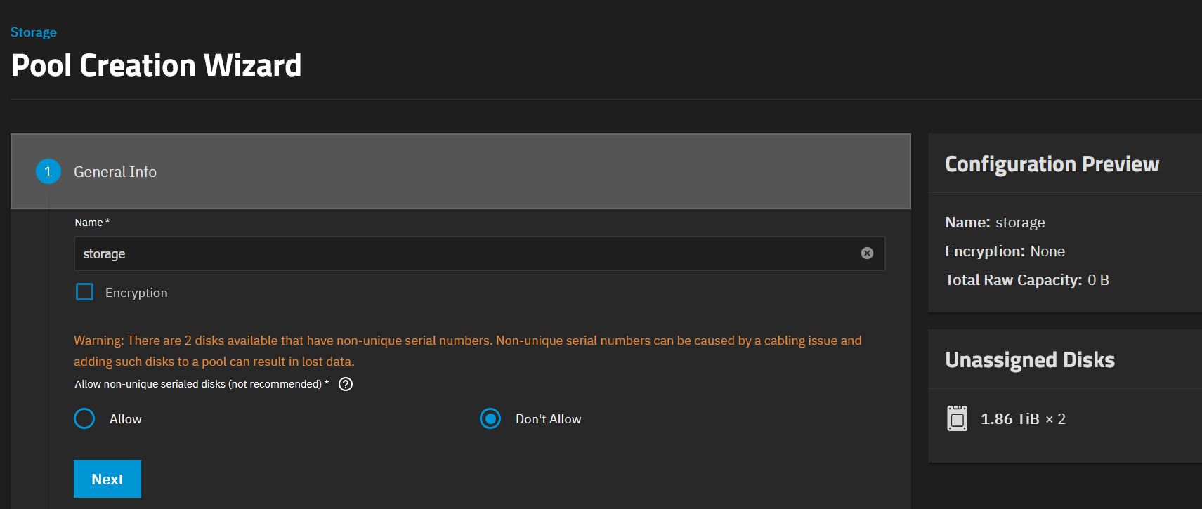 Assistant de création de pool dans TrueNAS