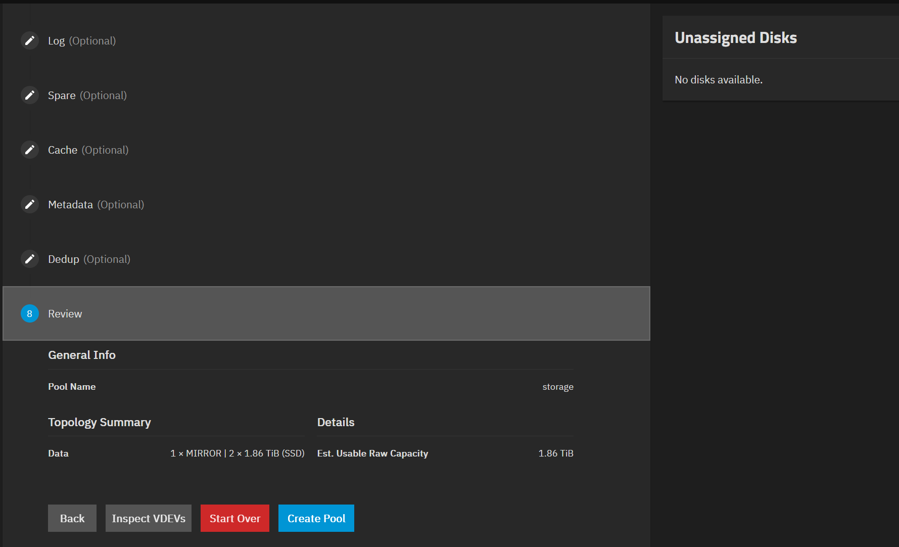 Review section of the pool creation wizard in TrueNAS