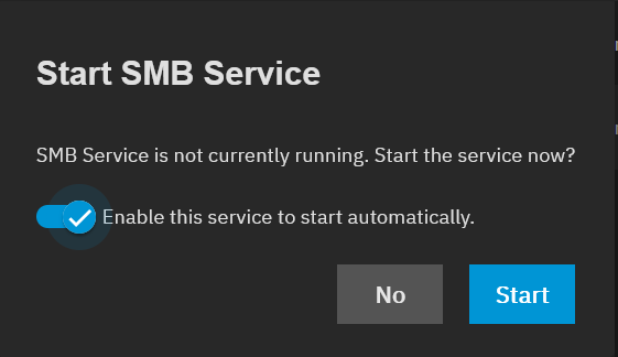Invite à démarrer le service SMB dans TrueNAS