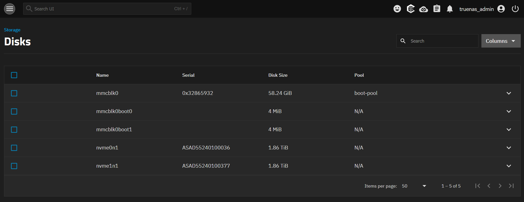 List of available disks in TrueNAS