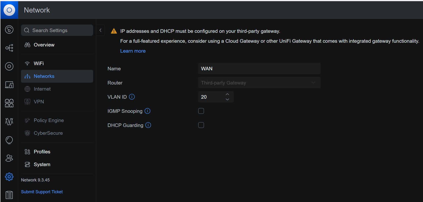 Creation of the WAN VLAN in the UniFi Controller