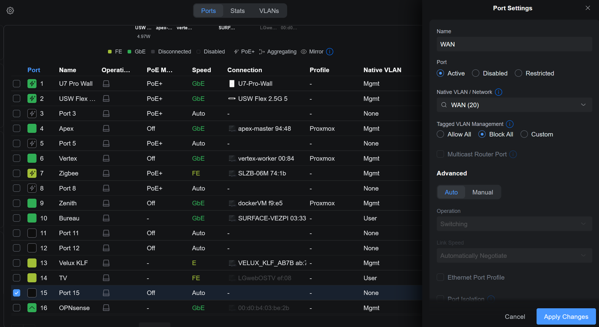 Configuration du port du switch UniFi pour la liaison WAN
